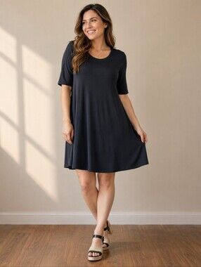 Eileen Fisher Black Jersey Knit Swing Dress Women's XL Rayon Blend 3/4 Sleeve
